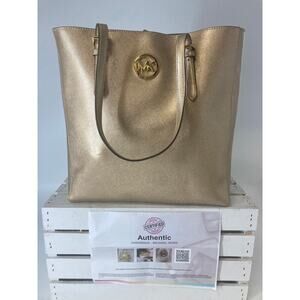 MICHAEL KORS LARGE GOLD METALIC LEATHER SHOULDER BAG